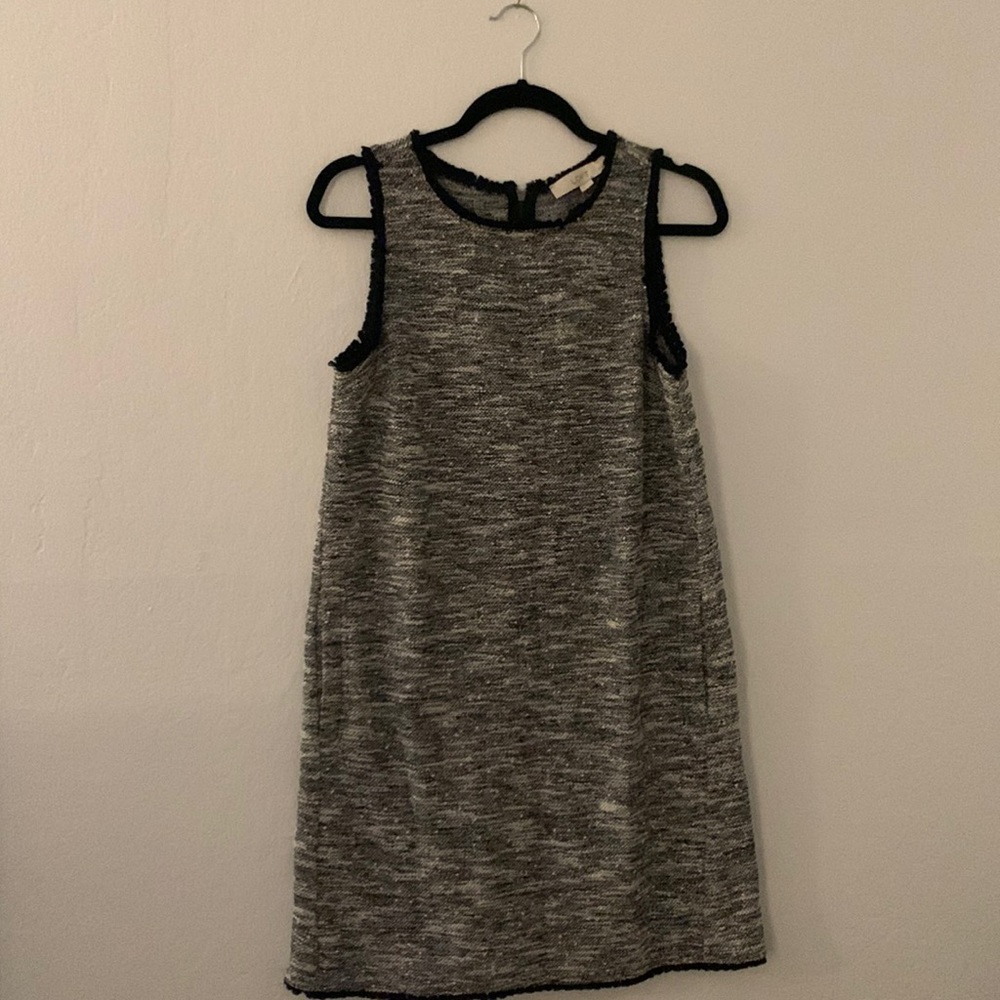 Loft gray dress with black fringe trim